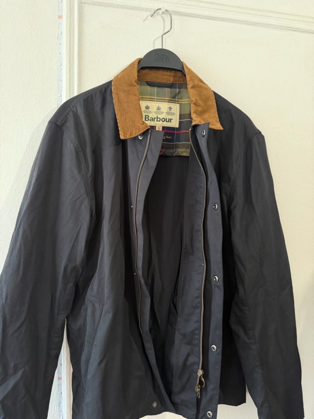 Barbour Navy Jacket with Brown Corduroy Collar - Picture 3 of 6